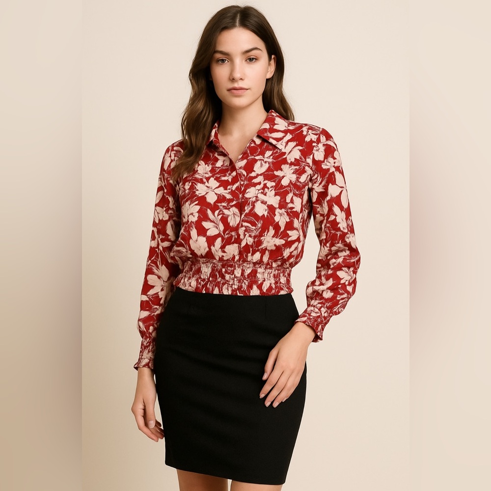 Vintage Andrea Gayle Red & Cream Floral Blouse – Smocked Waist – Size 4